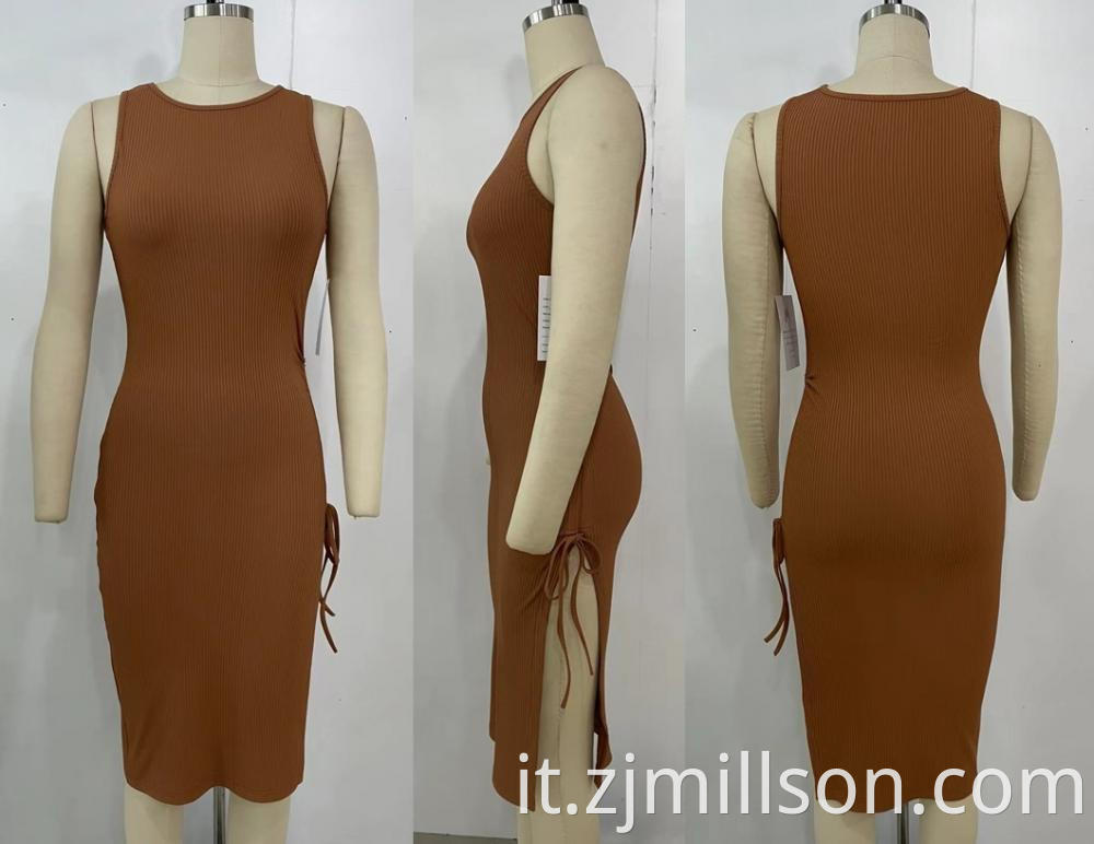 Women Knitting Brown Sleeveless side slit Dress